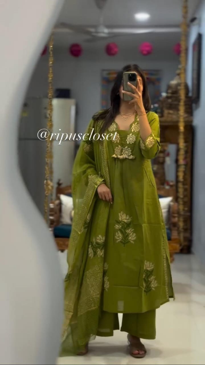 Green Designer Cotton Suit Set with Dupatta